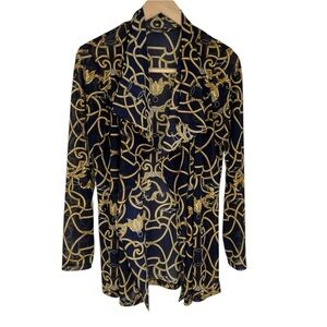 J. McLaughlin Navy and Gold Patterned Open Front Mesh‎ Drape Cardigan